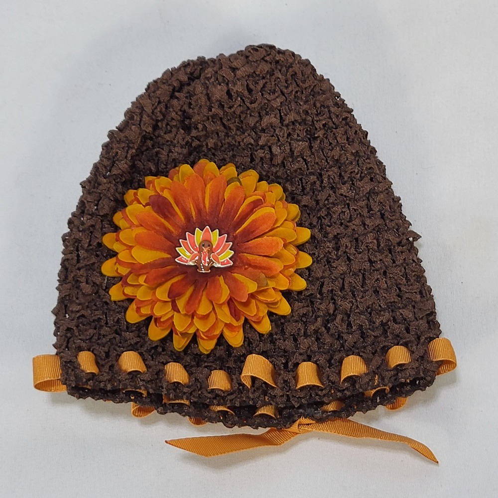 Thanksgiving Baby Hat Turkey Crochet Beanie Brown Flower Ribbon Infant Premie